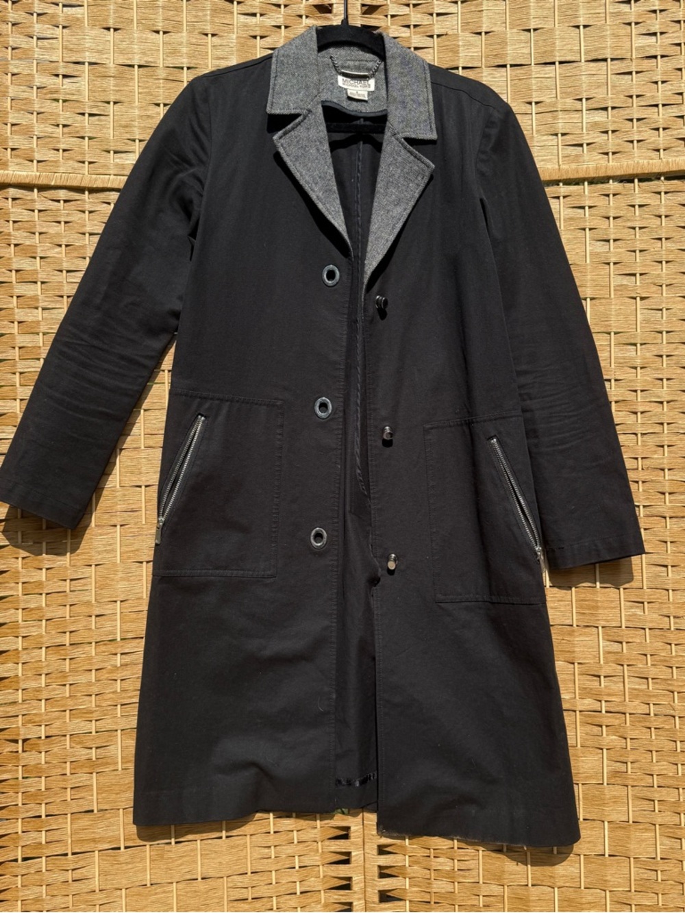 Michael Kors Black Trench Coat with Gray Contrast Collar Women’s Small - Picture 2 of 6